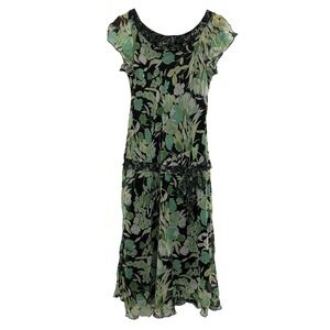 Believe Floral Chiffon Drop Waist Midi Dress Green Black Flutter Sleeve Size 12